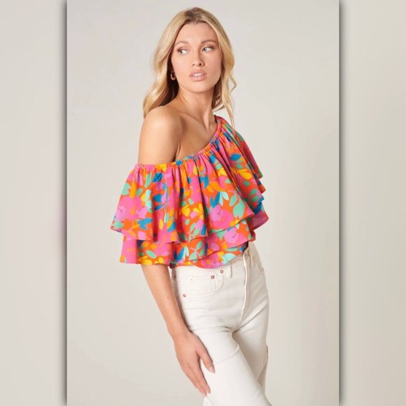 Small - SUGARLIPS Fruity Floral Charmer One Shoulder Blouse - Picture 2 of 4